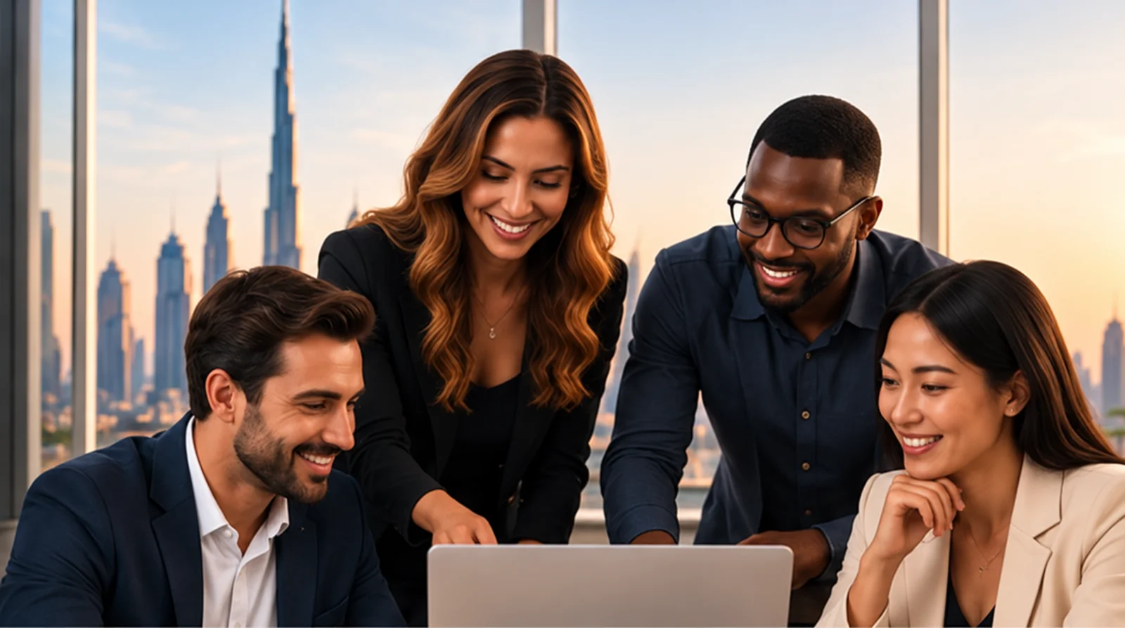 Illustrative mixed-gender group collaborating on a business idea