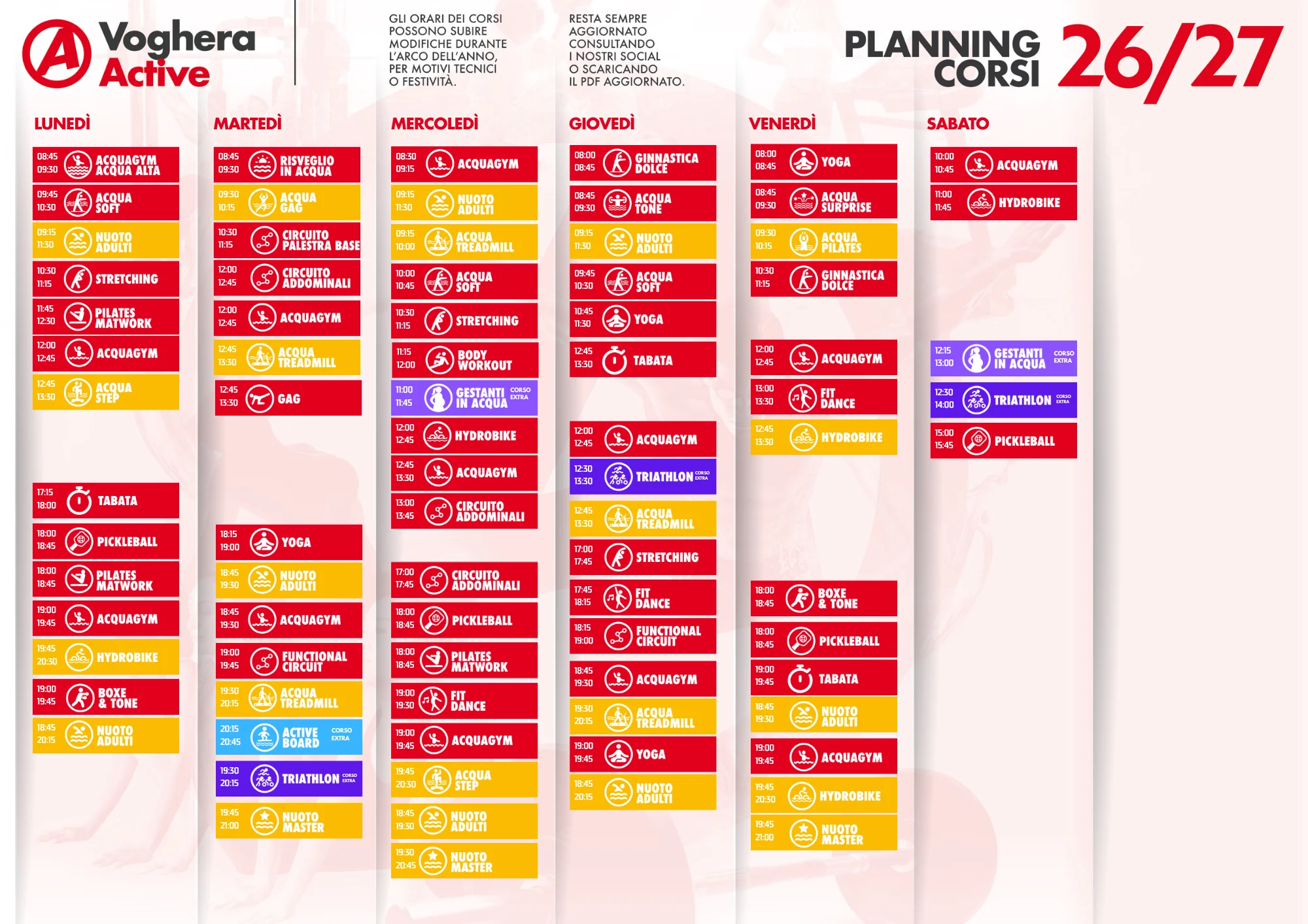 Planning corsi 26/27 di Voghera Active: orari dei corsi in sala e in acqua dal lunedì al sabato