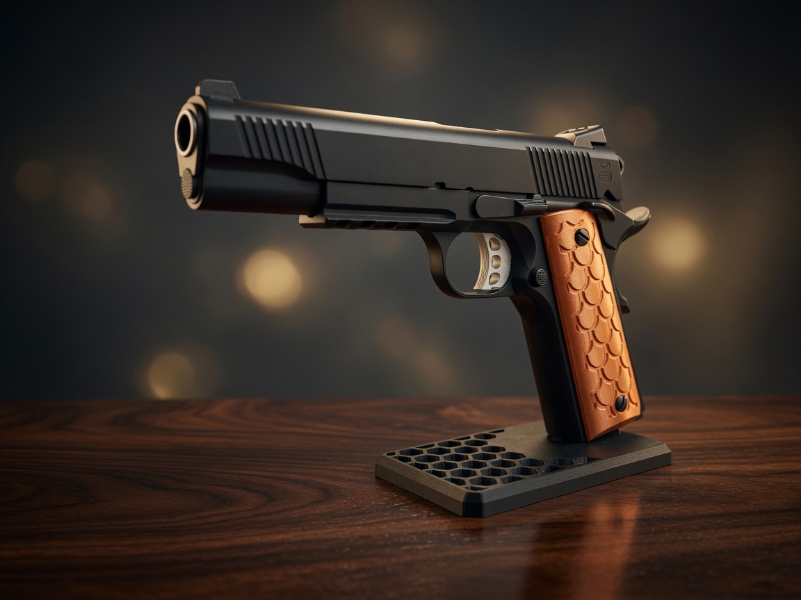 Custom firearm with Tactical Grizzly grips on a display stand