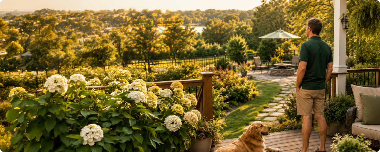 A backyard deck overlooking the bay at sunrise
