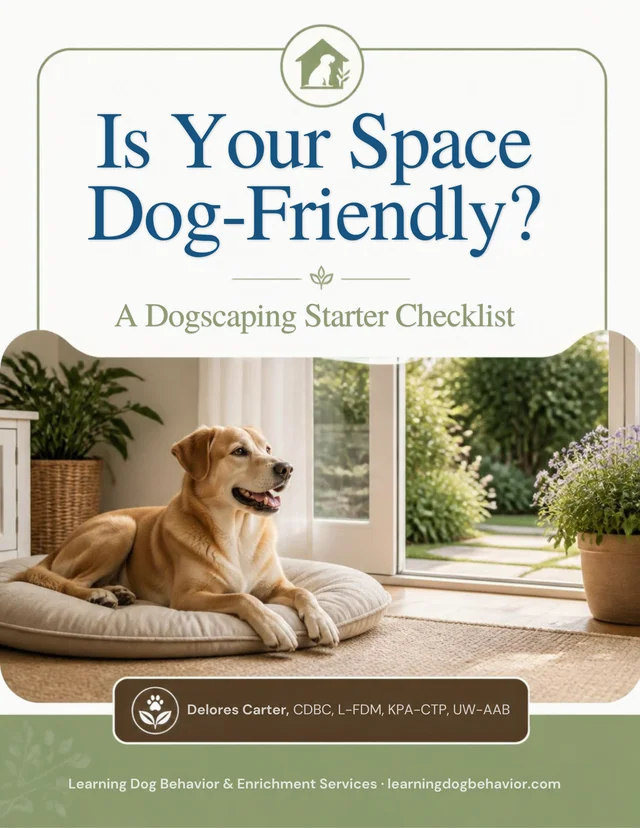 Cover of the Dogscaping Starter Checklist, showing a relaxed dog on a bed by a sunny window