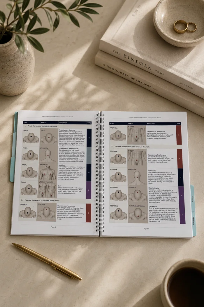The practitioner course manual, open on a desk