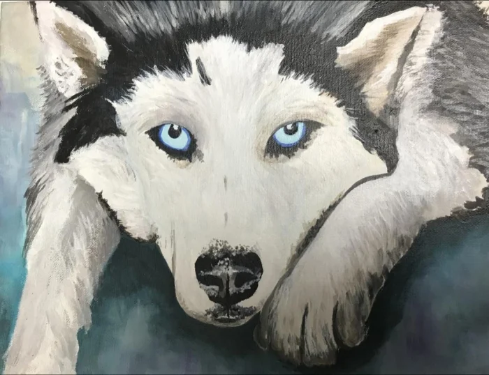 Photorealistic painted portrait of a husky
