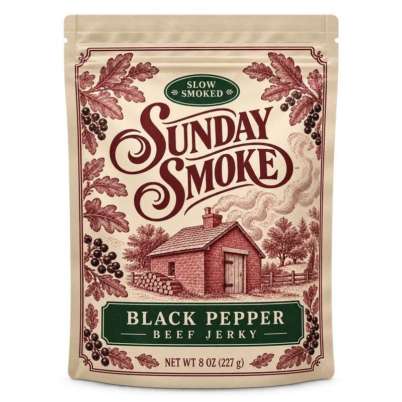 8 oz custom jerky bag with Sunday Smoke engraved illustration