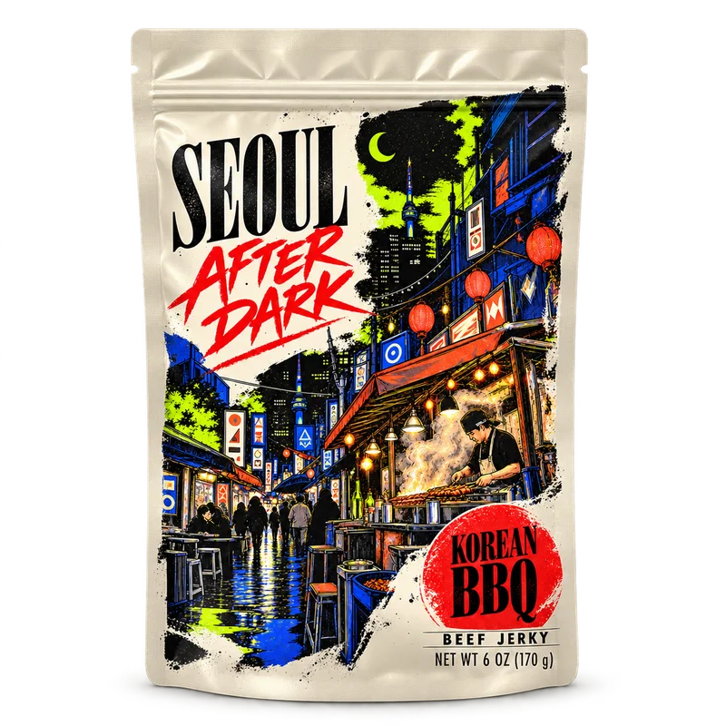 Seoul After Dark jerky pouch with illustrated street-food scene