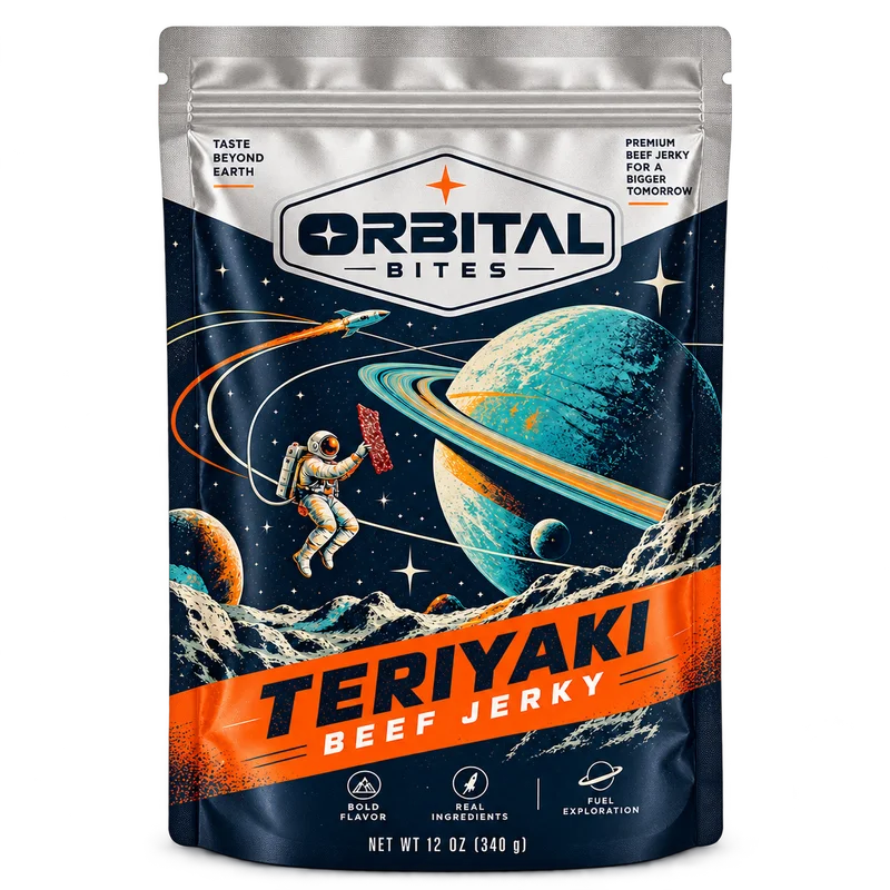 Orbital Bites metallic pouch with illustrated space artwork