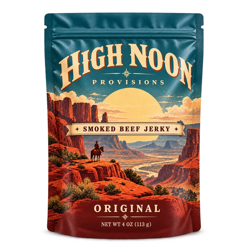 High Noon custom jerky pouch with illustrated desert artwork