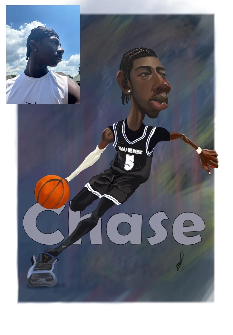 Custom basketball caricature of Chase by The Ink Dr., shown with his original photo