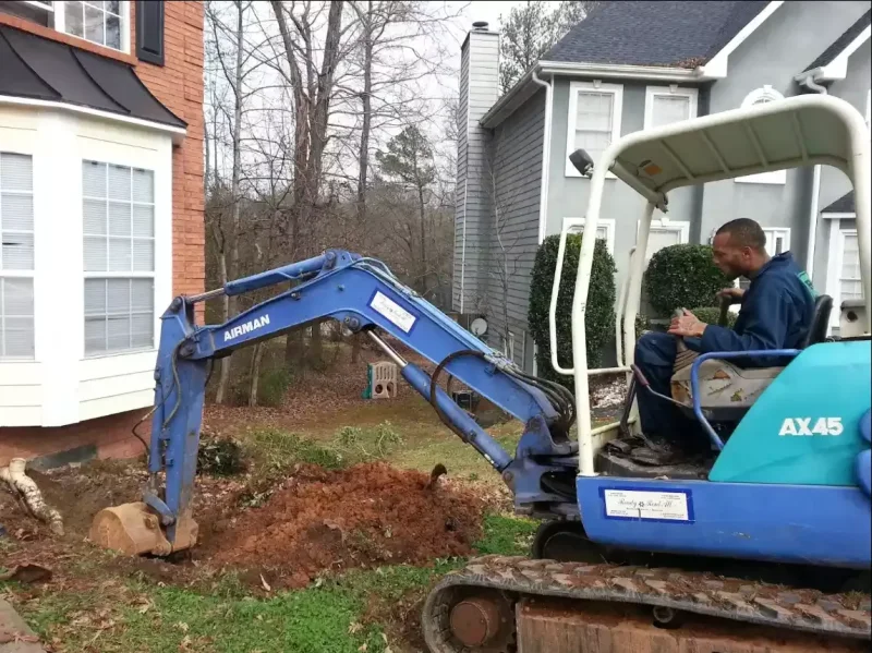 Excavator working beside a Georgia home during a sewer replacement