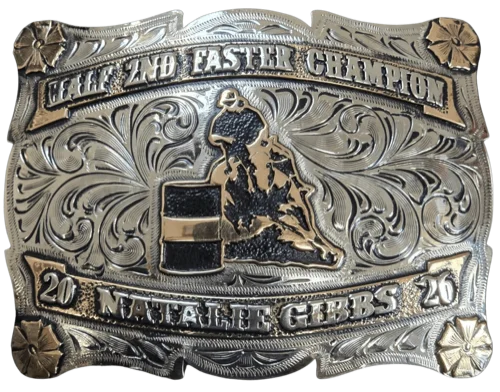 Custom trophy buckle handcrafted by HG Buckles LLC, featuring your name and image