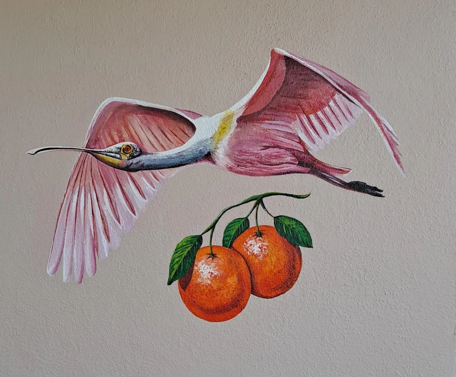 Roseate spoonbill and citrus painted onto textured plaster