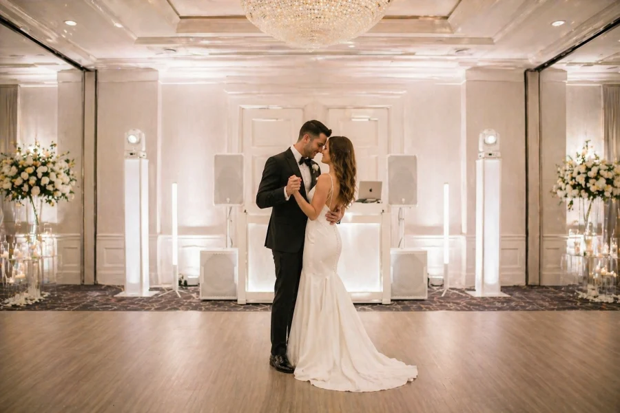 Signature white wedding DJ system and lighting by DJ Quick Hire