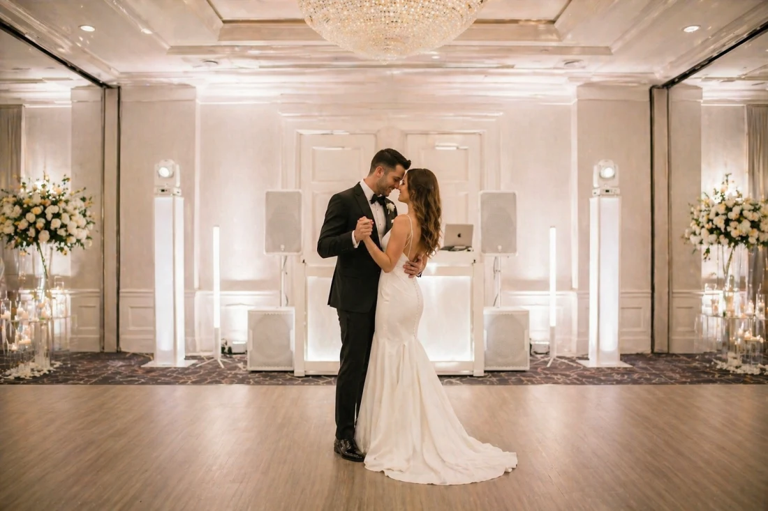 Clean white DJ Quick Hire wedding sound and lighting setup