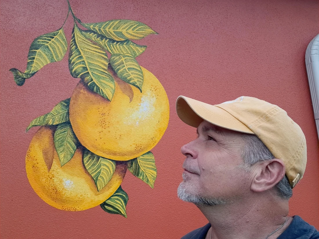 Gary Baillie hand-painting citrus detail on a wall