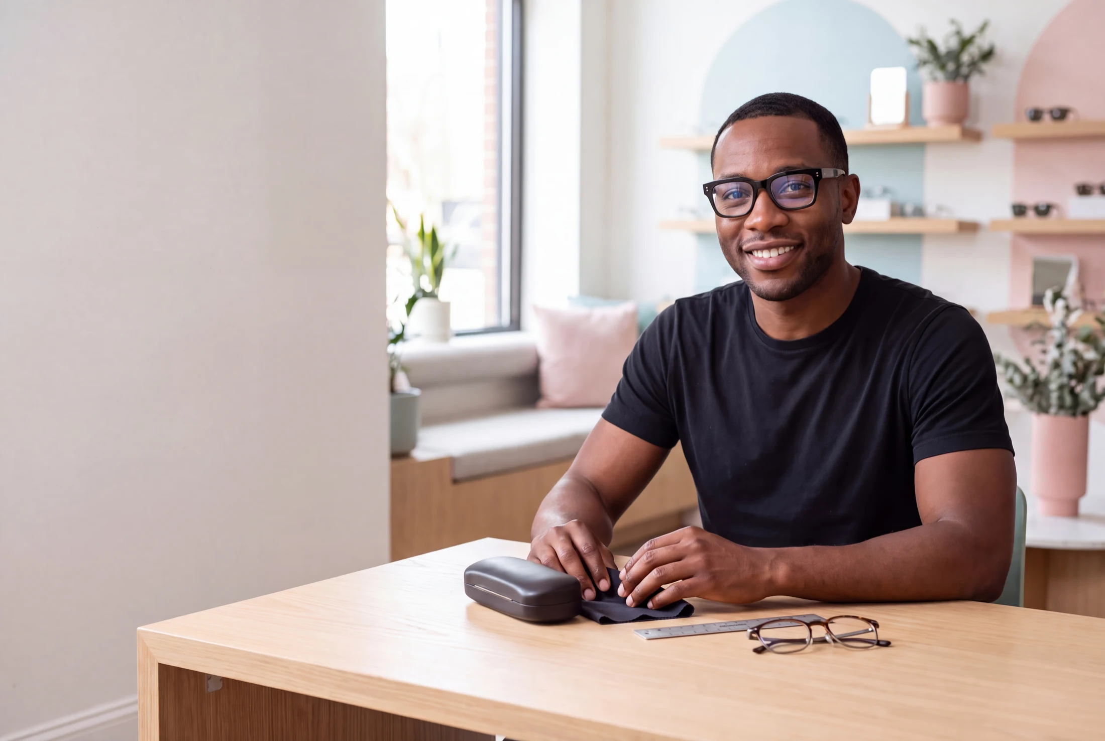 Eyewear consultant seated in a bright modern optical studio