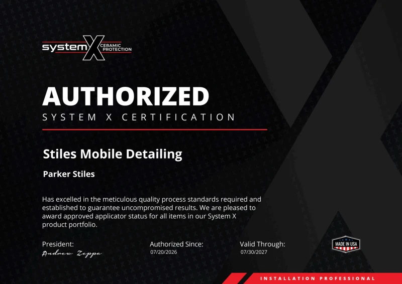 Authorized System X Certification issued to Stiles Mobile Detailing