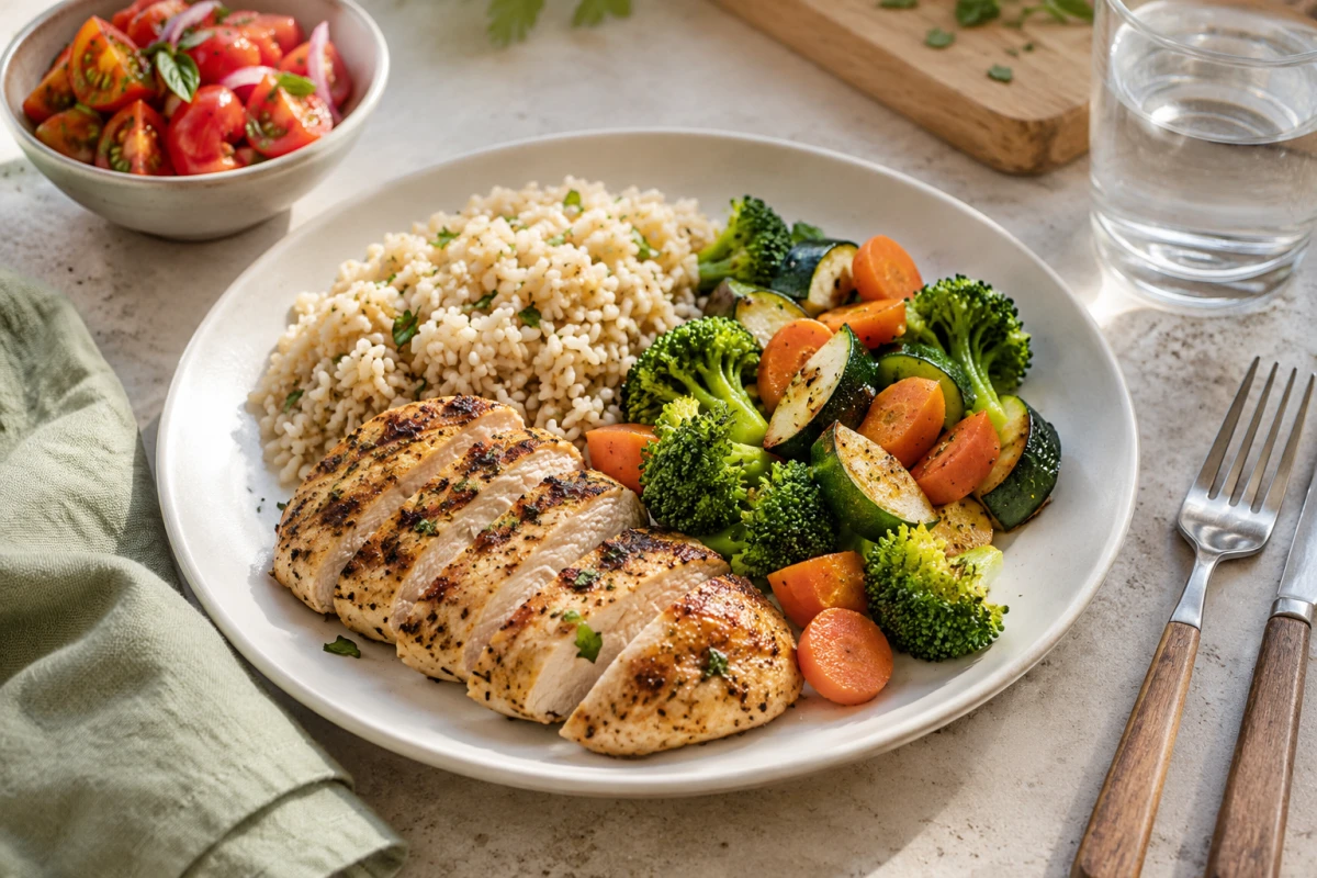 Imagen ilustrativa de un plato con pollo, arroz y verduras