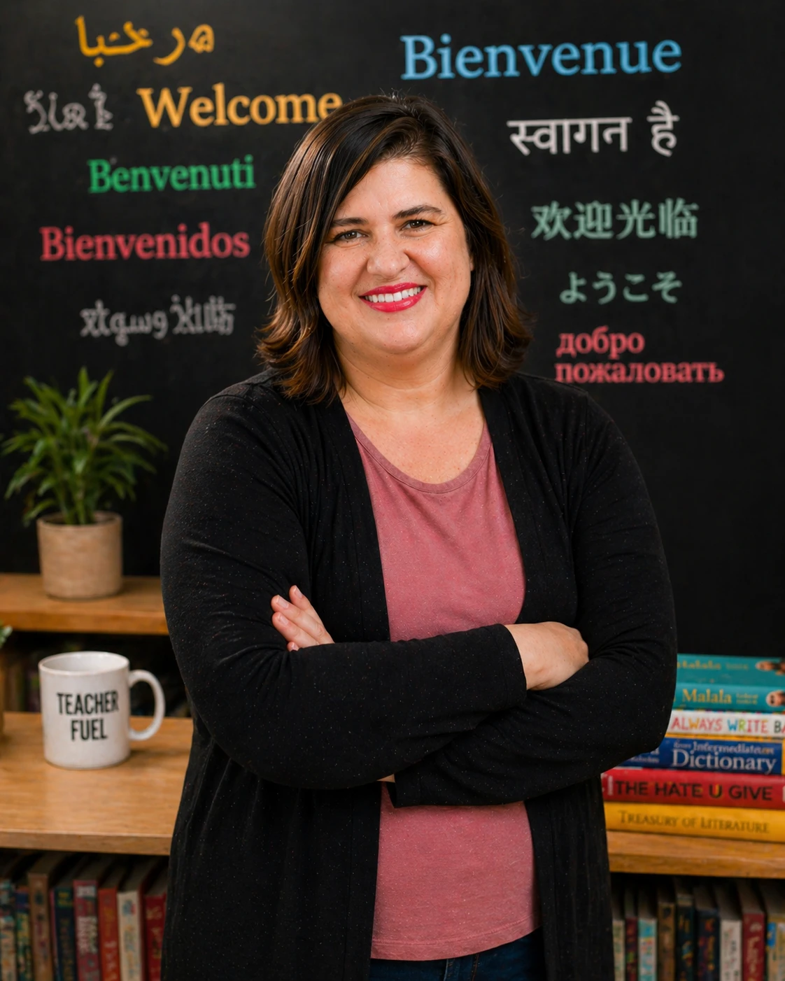Sanda Valcu in front of a chalkboard reading Welcome in many languages