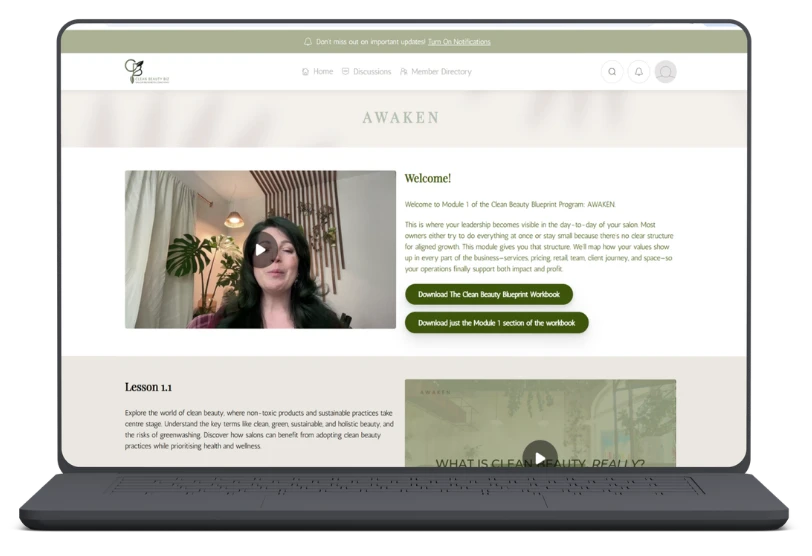 Inside the Clean Beauty Blueprint course: the Awaken module with video lessons and workbook downloads