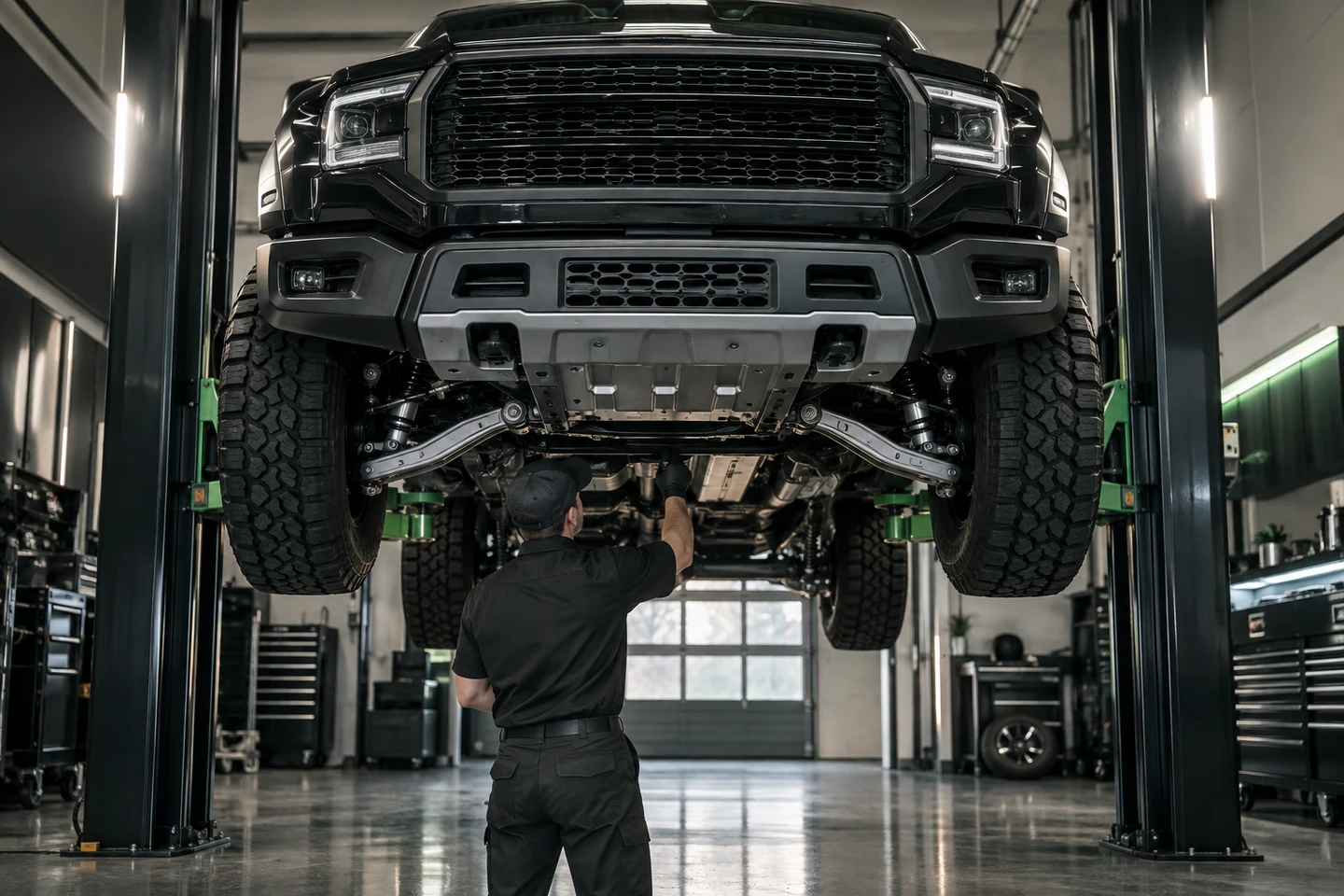 Pickup truck receiving service on a professional vehicle lift