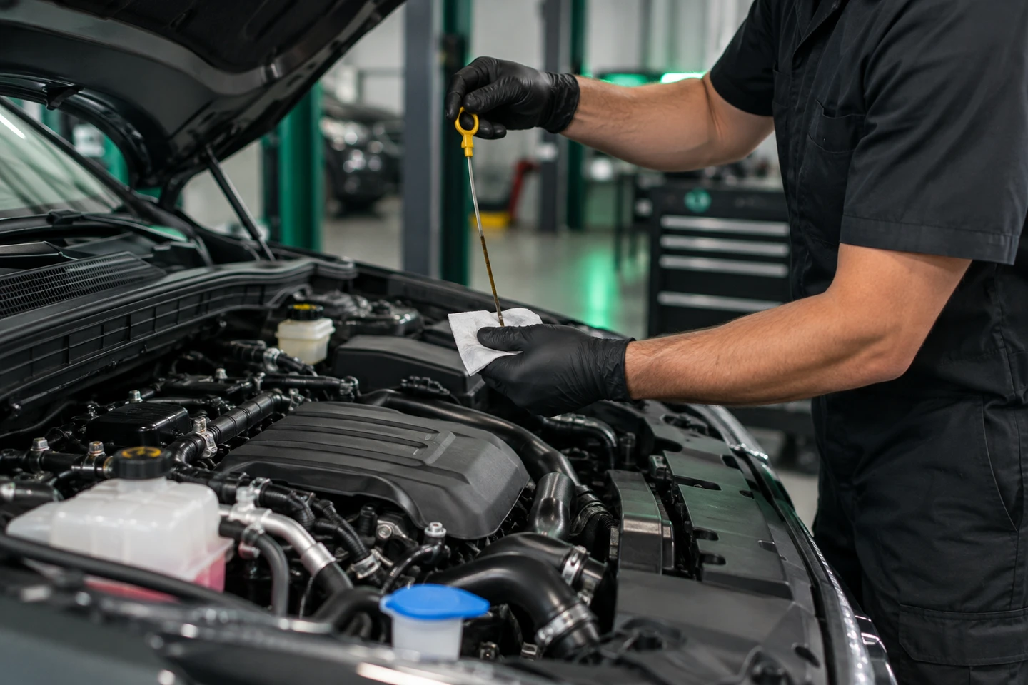 Technician checking engine fluids during routine vehicle maintenance