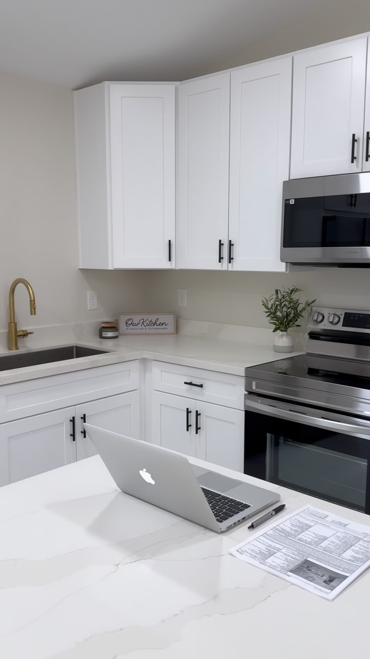 Modern white kitchen remodel with shaker cabinets and gold faucet — AZ Elevate remodeling Phoenix AZ