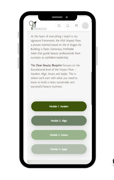 The Clean Beauty Blueprint course on mobile, showing the four modules