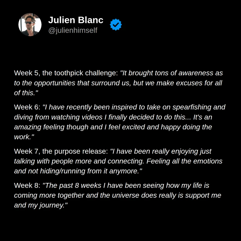 Adam’s weeks 5–8: noticing opportunities, starting spearfishing and diving, connecting more with people, and feeling his life coming together.