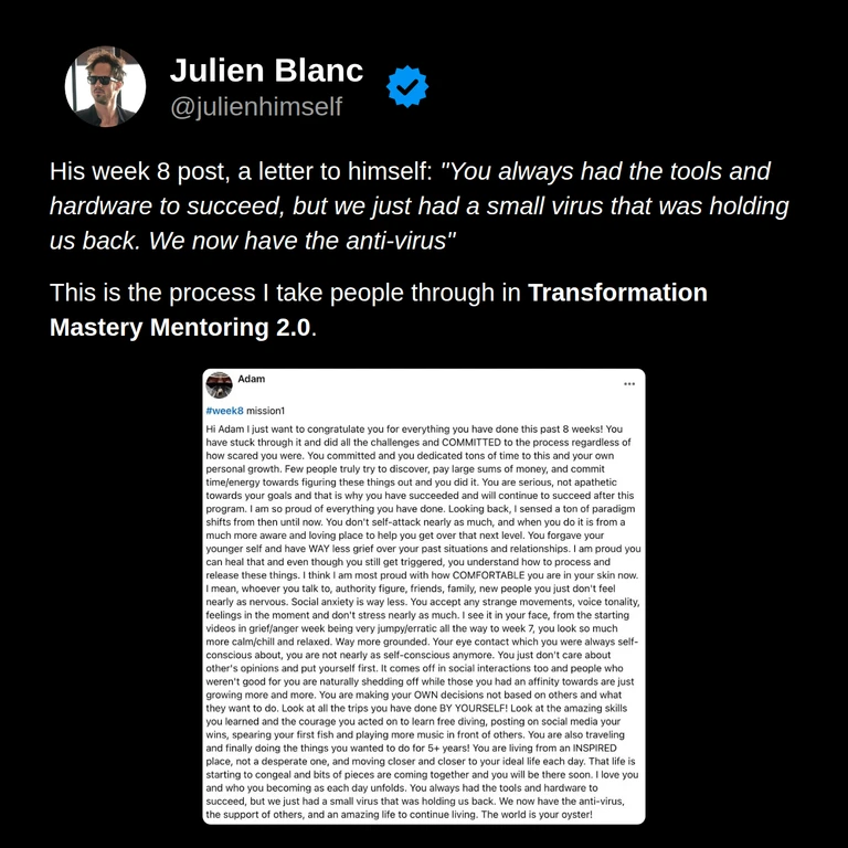Adam’s original week 8 letter to himself reflects on commitment, greater comfort around others, making his own decisions, and taking up activities he had wanted to pursue.