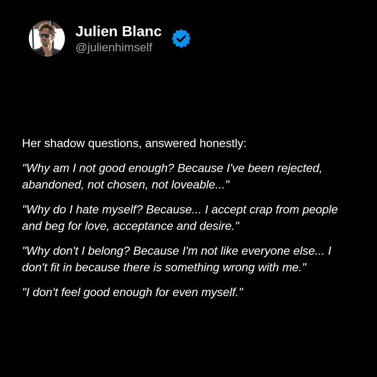 Adina reflects on feeling rejected, not chosen, and out of place, accepting poor treatment in search of love, and struggling to feel good enough for herself.