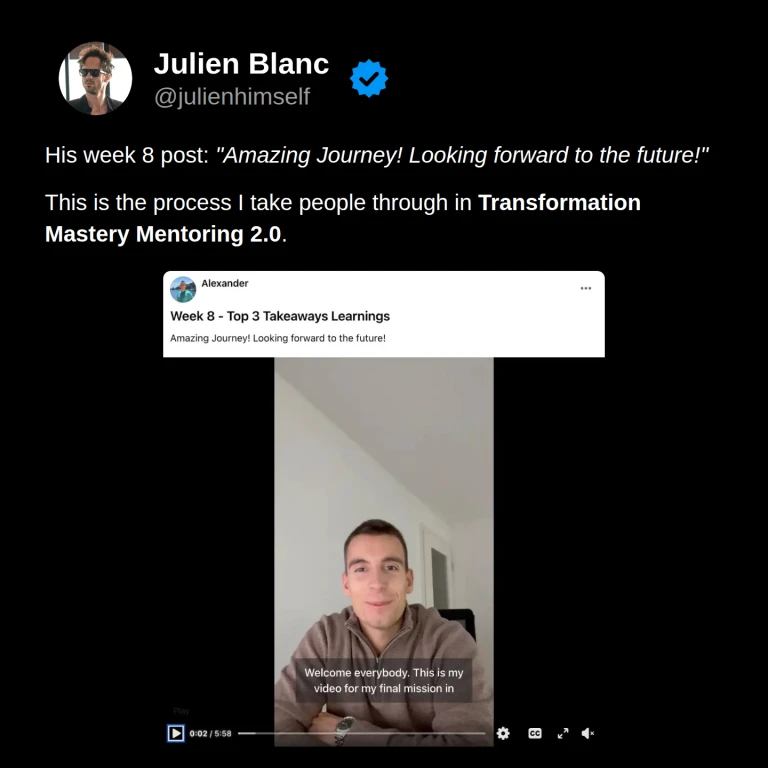 Alexander’s week 8 post looking forward to the future, with a screenshot of his final reflection video from Transformation Mastery Mentoring 2.0.
