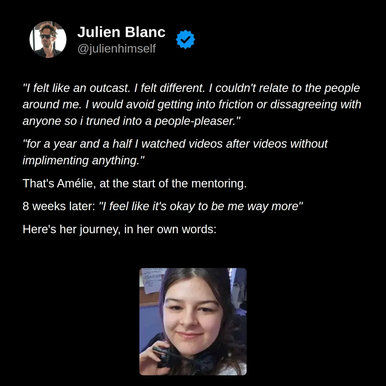 Amélie’s story: she describes feeling like an outcast, pleasing others, and watching self-help videos without taking action, then feeling more comfortable being herself.