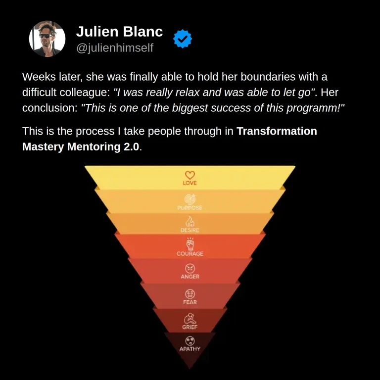 Aelys describes holding boundaries with a difficult colleague and feeling relaxed enough to let go, beside the Transformation Mastery Mentoring emotions pyramid.