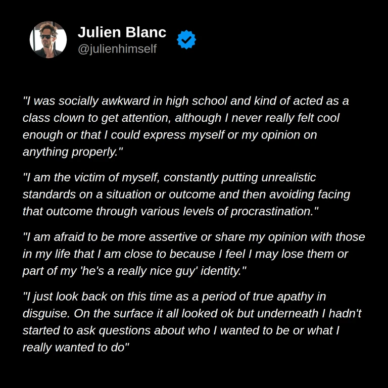 Benjumin describes using humor to get attention, unrealistic standards and procrastination, fear of being assertive, and a period of apathy beneath a life that looked fine.