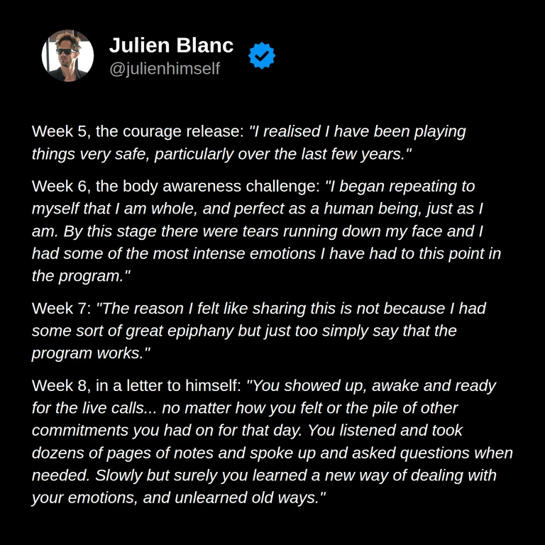 Benjumin describes recognizing how safely he had been living, an emotional body-awareness exercise, and consistently attending calls while learning new ways to handle emotions.