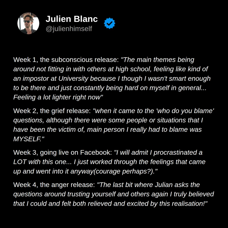 Benjumin’s first four weeks include reflecting on not fitting in and self-criticism, feeling lighter, going live on Facebook despite procrastination, and learning to trust himself and others.