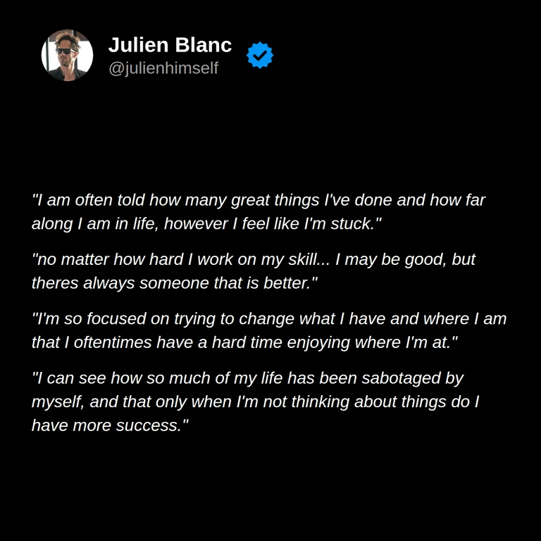 Brett describes feeling stuck despite his accomplishments, comparing his skills with others, and struggling to enjoy the present.