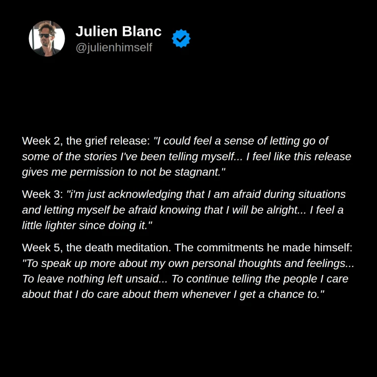 Brett’s weeks 2–5: letting go of old stories, allowing himself to feel fear, and committing to sharing his thoughts and feelings with people he cares about.