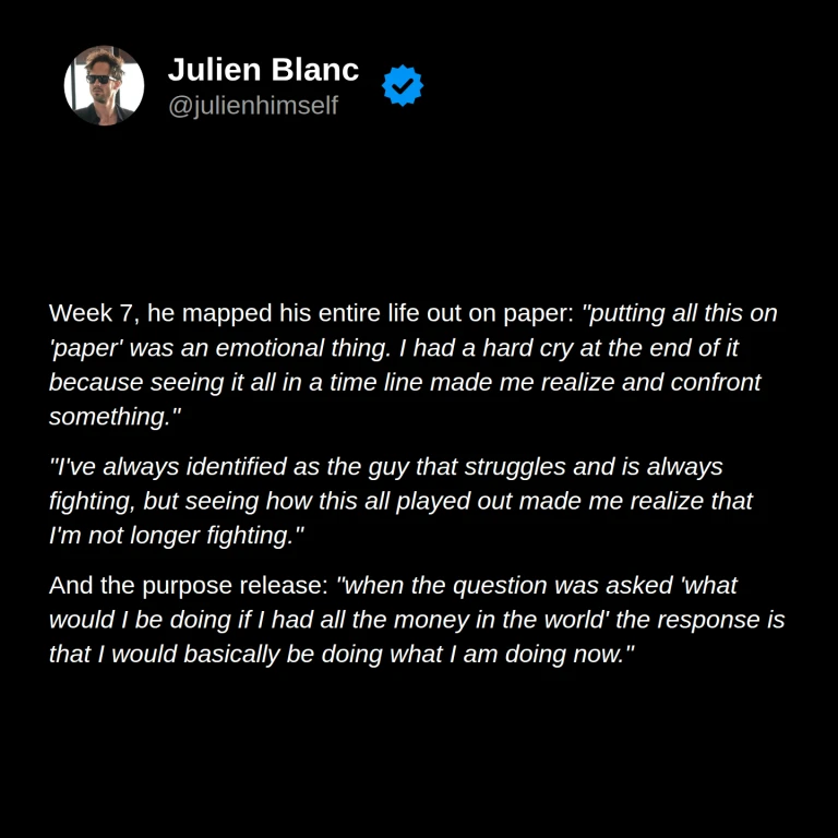 Brett’s week 7: mapping his life on paper, realizing he is no longer fighting, and recognizing purpose in the work he already does.