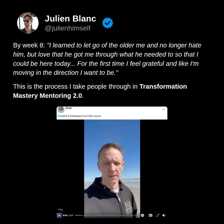 Brett’s week 8 reflection on accepting his former self, feeling grateful, and moving in his desired direction, with a screenshot of his final video from Transformation Mastery Mentoring 2.0.