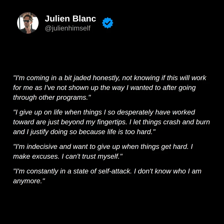 Daniel describes doubts about the program, giving up when things become difficult, indecision, and persistent self-criticism.