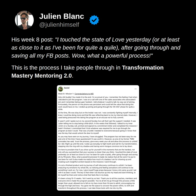 Daniel’s original final post celebrates completing the program, reviewing his progress with pride, and continuing his journey of self-discovery.