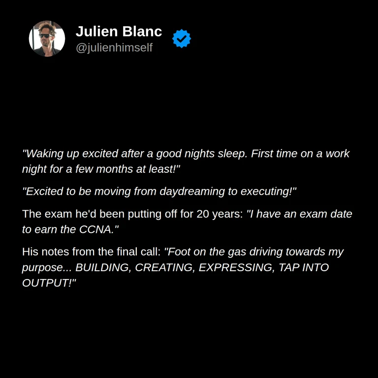 David describes waking up excited, moving from daydreaming to action, scheduling a long-delayed CCNA exam, and pursuing his purpose.