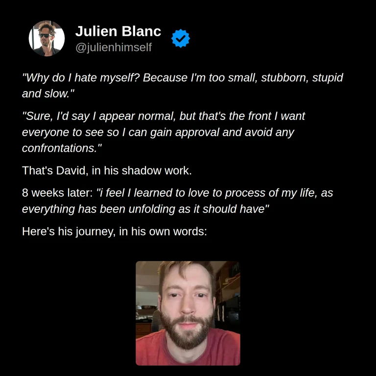 David’s story: he describes harsh self-criticism and seeking approval, then reflects eight weeks later on learning to appreciate the course of his life.
