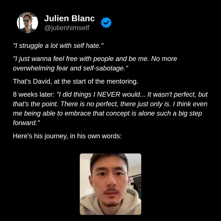 David Han’s story: he describes self-hatred and wanting to feel free around people, then taking unfamiliar actions and learning to accept imperfect progress.
