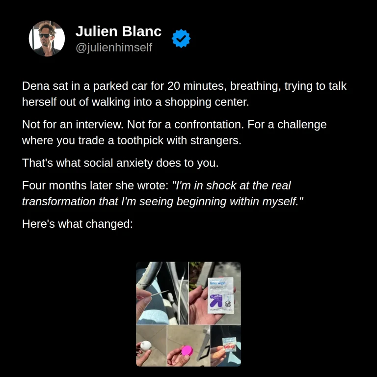Dena’s story: she describes waiting in a parked car before a toothpick-trading challenge, then noticing personal change four months later.