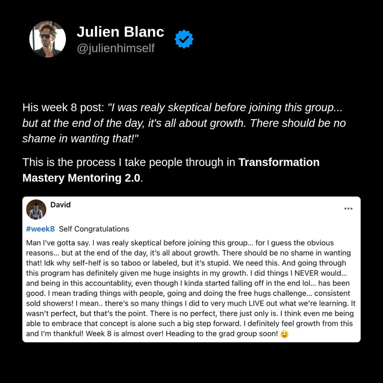 David Han’s original week 8 post reflects on his initial skepticism, support and accountability, taking action, accepting imperfection, and gratitude for his growth.