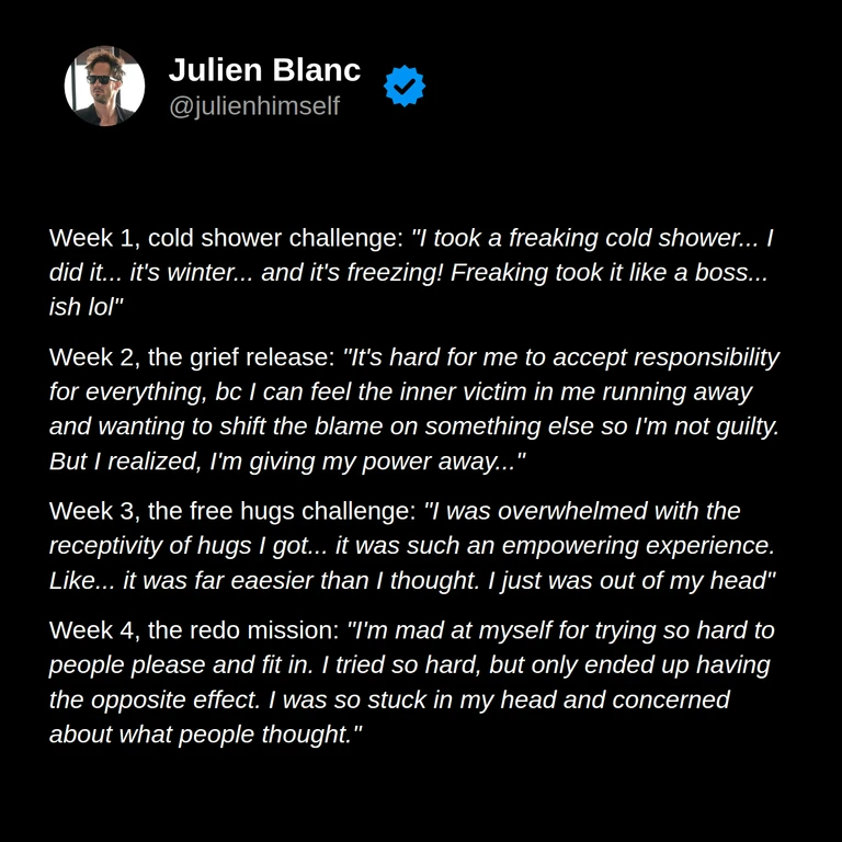 David Han describes completing a cold shower challenge, examining responsibility, enjoying a free hugs challenge, and recognizing the cost of trying to fit in.