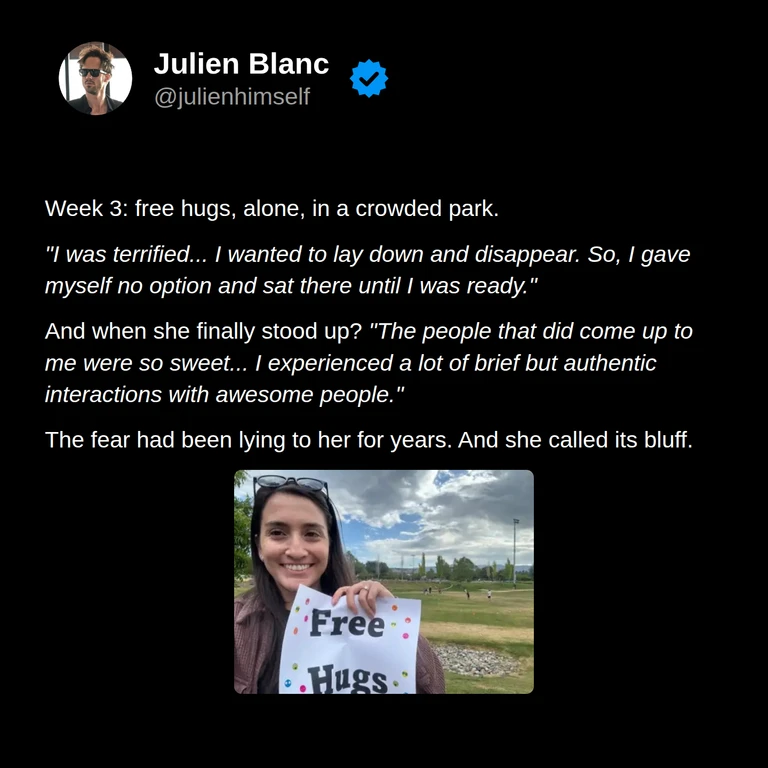 Dena describes facing her fear while offering free hugs in a crowded park and experiencing warm, authentic interactions with strangers.