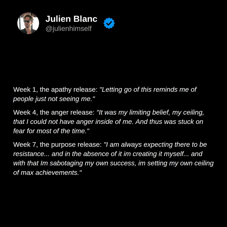 Erik’s weeks 1, 4, and 7: recognizing feelings of being unseen, beliefs about anger, and the resistance he creates around success.